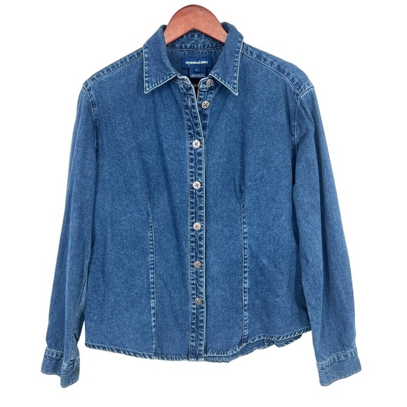Japanese Weekend Tops - My Weekend Clothes Womens Size Large Denim Blue Jeans Blouse Shirt Top Button